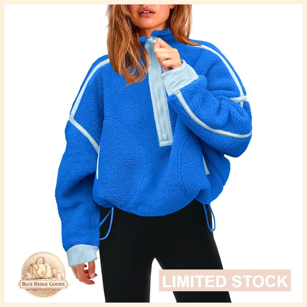 Oversized Half Zip Sherpa Fleece Pullover Soft Fuzzy Sweater with Pockets